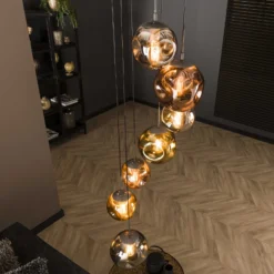 Lámpara colgante Stellar redonda de 7 luces, color plata vieja, cristal