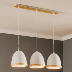Lámpara colgante Studio con decoración de madera, 3 luces, blanca