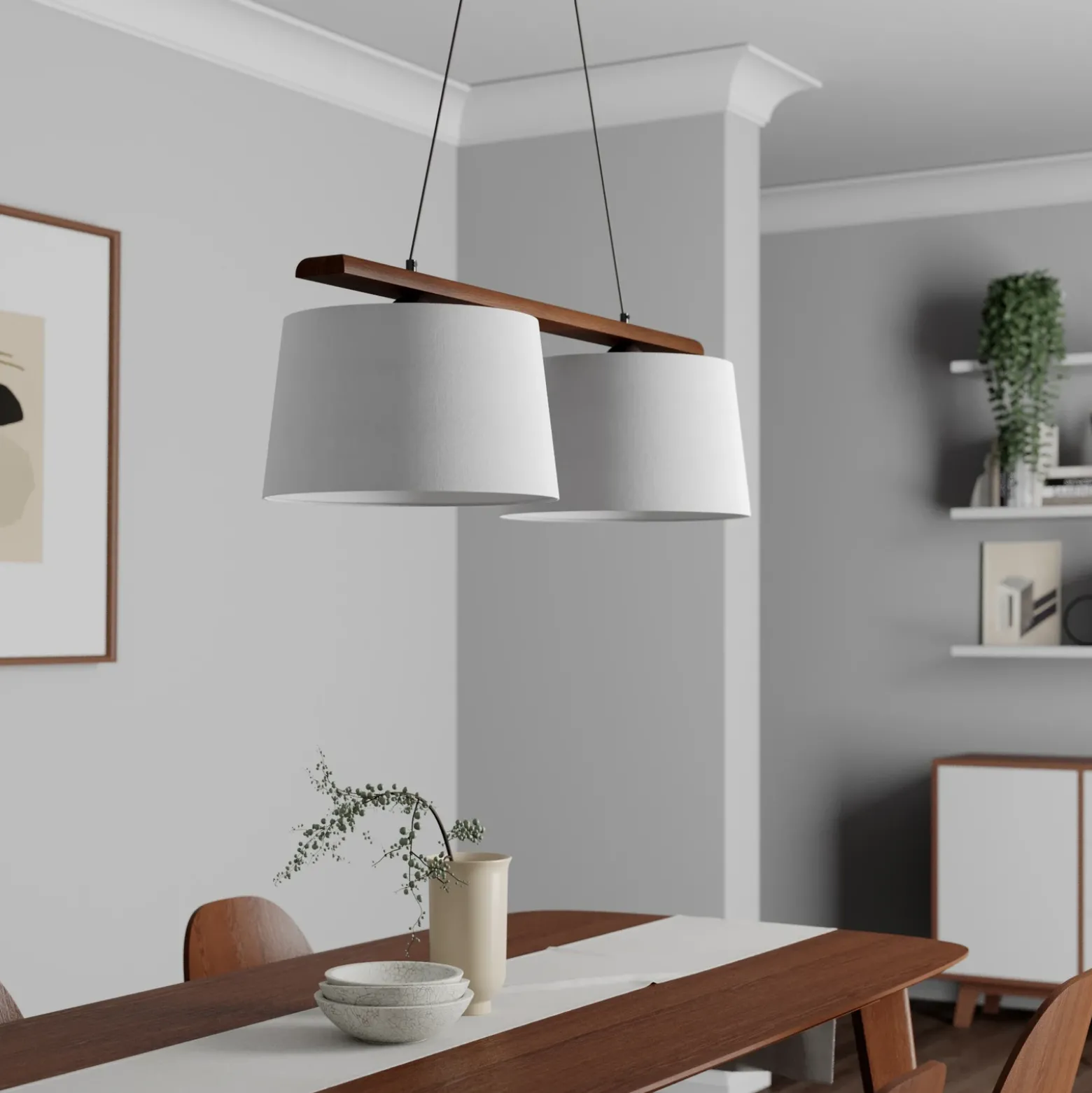 Lámpara colgante Suecia, blanco antiguo, textil, nogal, 2 luces