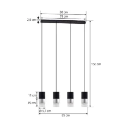 Lámpara colgante Svante de Lindby, 4 luces, negra, cristal, 85 cm