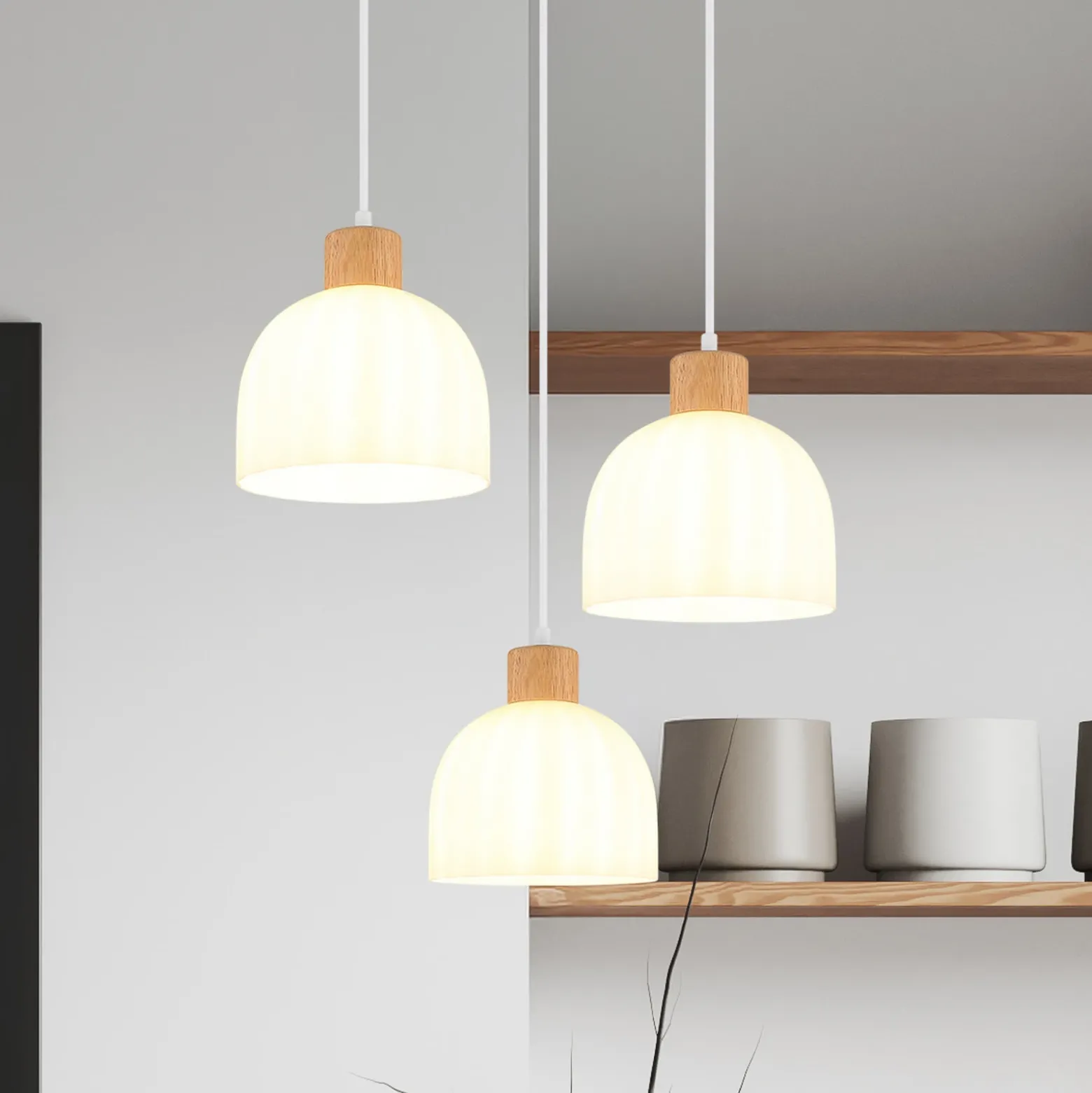 Lámpara colgante Swanson, Ø 51 cm, blanco/marrón, cristal/madera, 3 luces.