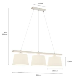 Lámpara colgante Sweden, blanco antiguo/blanco, textil, madera, 3 luces