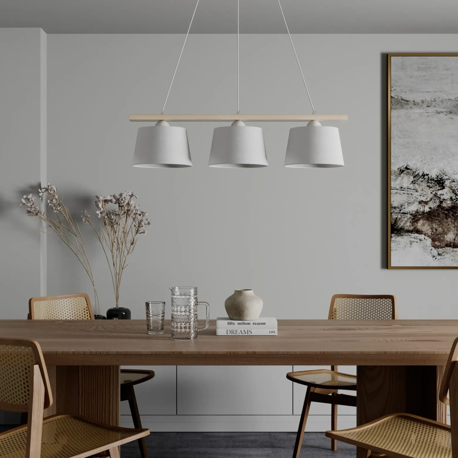 Lámpara colgante Sweden, blanco antiguo/blanco, textil, madera, 3 luces