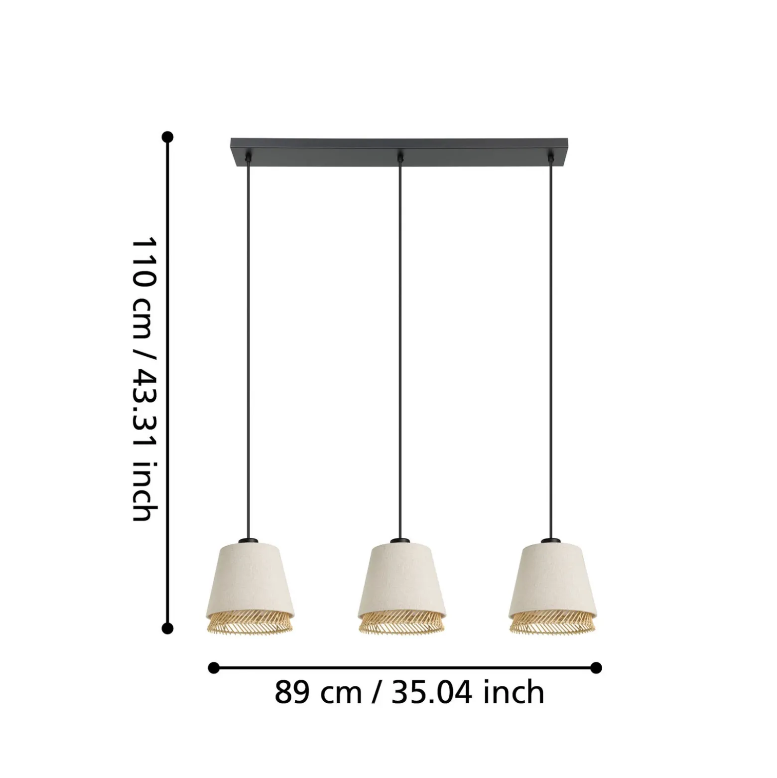 Lámpara colgante Tabley, color negro/natural, 89 cm, tela, 3 luces.
