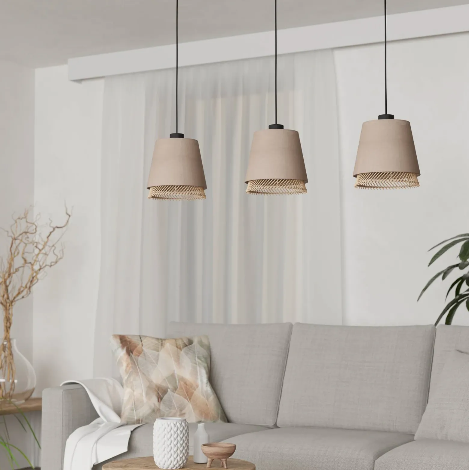 Lámpara colgante Tabley, color negro/natural, 89 cm, tela, 3 luces.