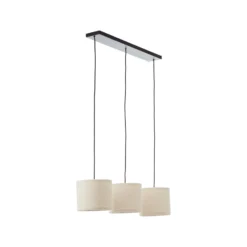 Lámpara colgante Teddy, longitud 98 cm, beige, 3 luces, tela/metal