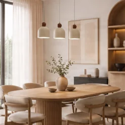 Lámpara colgante Timon, color topo/beige, longitud 60 cm, metal, 3 luces.