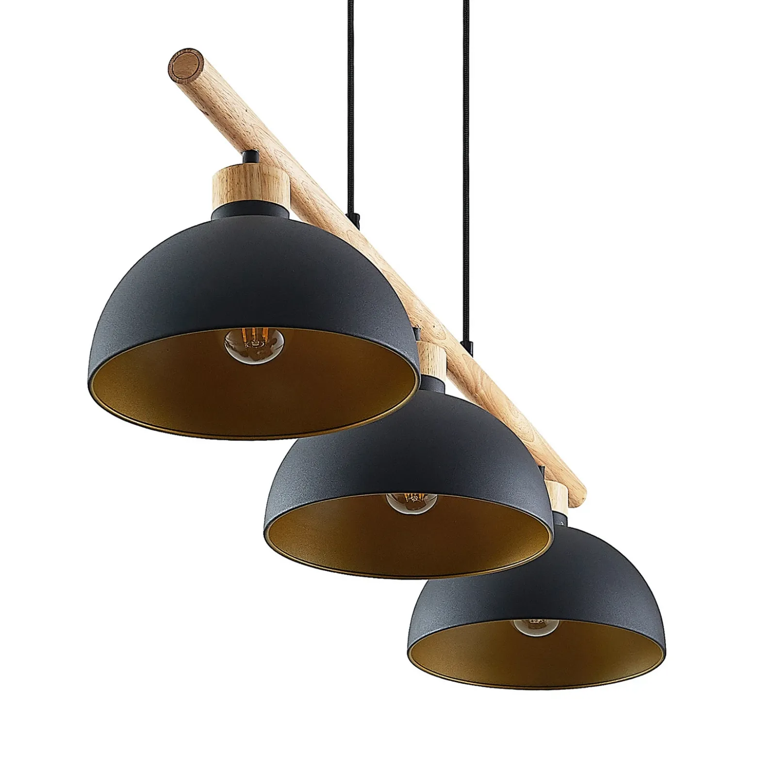 Lámpara colgante Tirzana de Lindby, 3 luces, negra, metal, madera