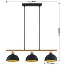 Lámpara colgante Tirzana de Lindby, 3 luces, negra, metal, madera