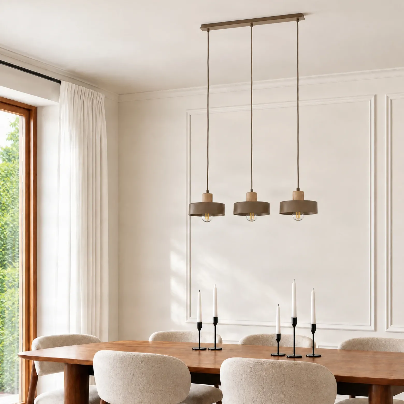 Lámpara colgante Torin, beige, 80 cm de largo, 3 luces, metal/madera