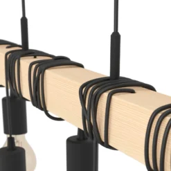 Lámpara colgante Townshend, longitud 150 cm, negro/madera, 9 luces.