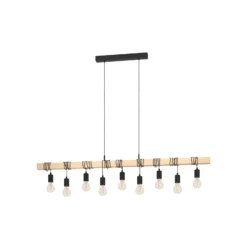 Lámpara colgante Townshend, longitud 150 cm, negro/madera, 9 luces.