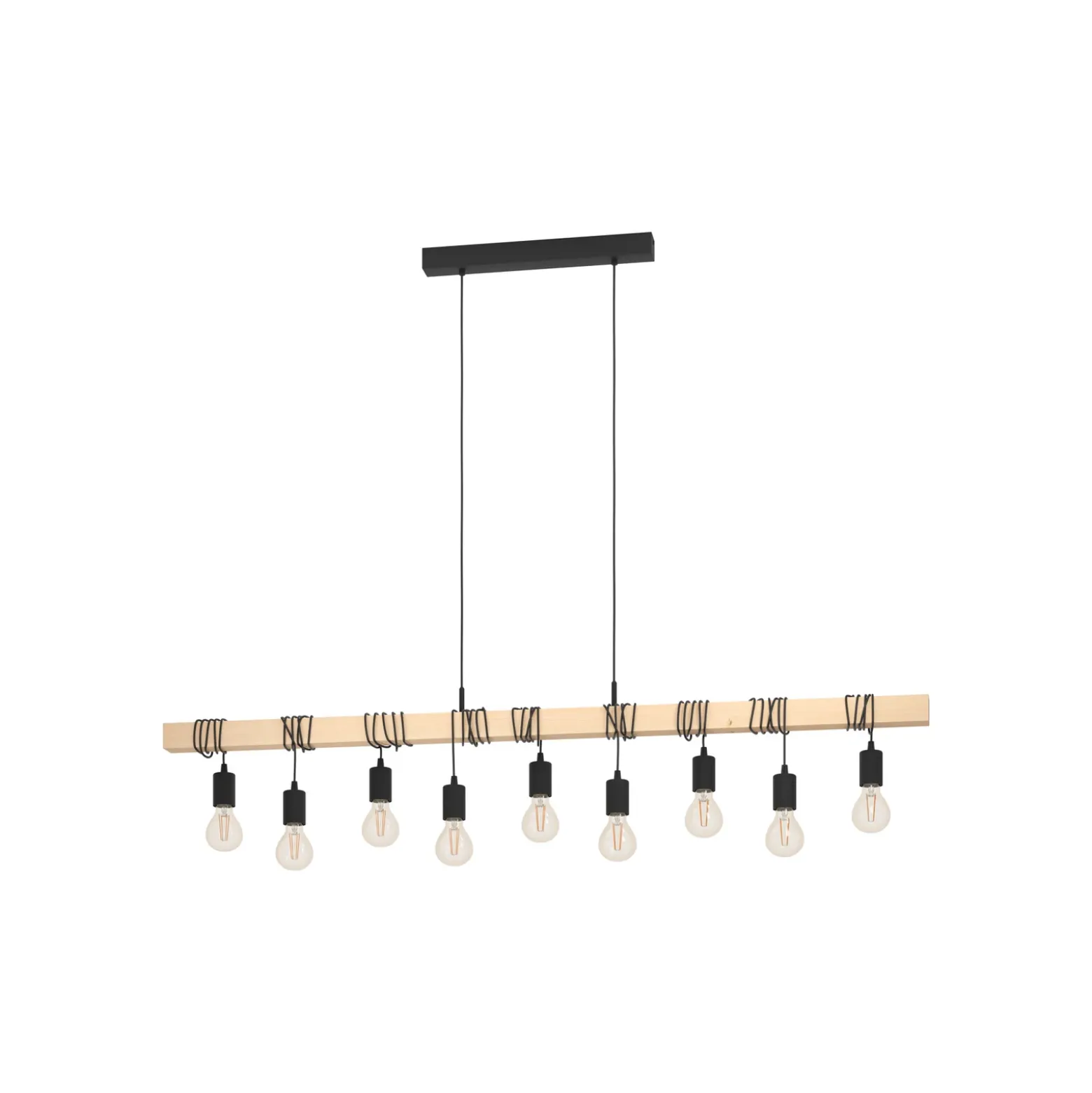 Lámpara colgante Townshend, longitud 150 cm, negro/madera, 9 luces.
