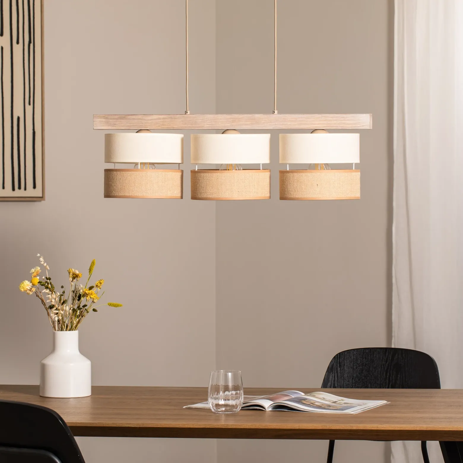 Lámpara colgante Treeon, 3 luces, madera, yute, color natural/crudo