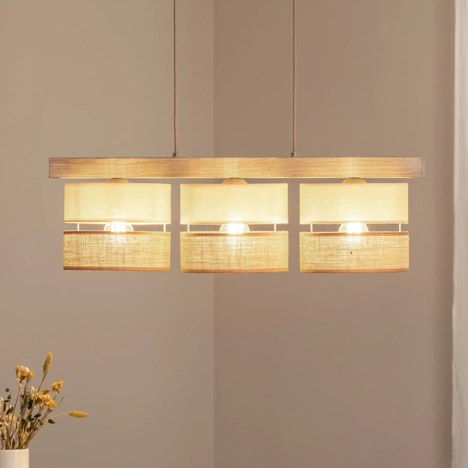 Lámpara colgante Treeon, 3 luces, madera, yute, color natural/crudo