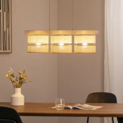 Lámpara colgante Treeon, 3 luces, madera, yute, color natural/crudo