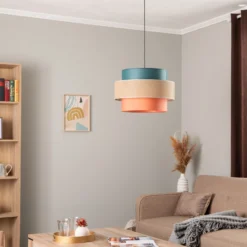 Lámpara colgante Trio, pantalla de yute, petróleo/marrón natural/naranja Ø