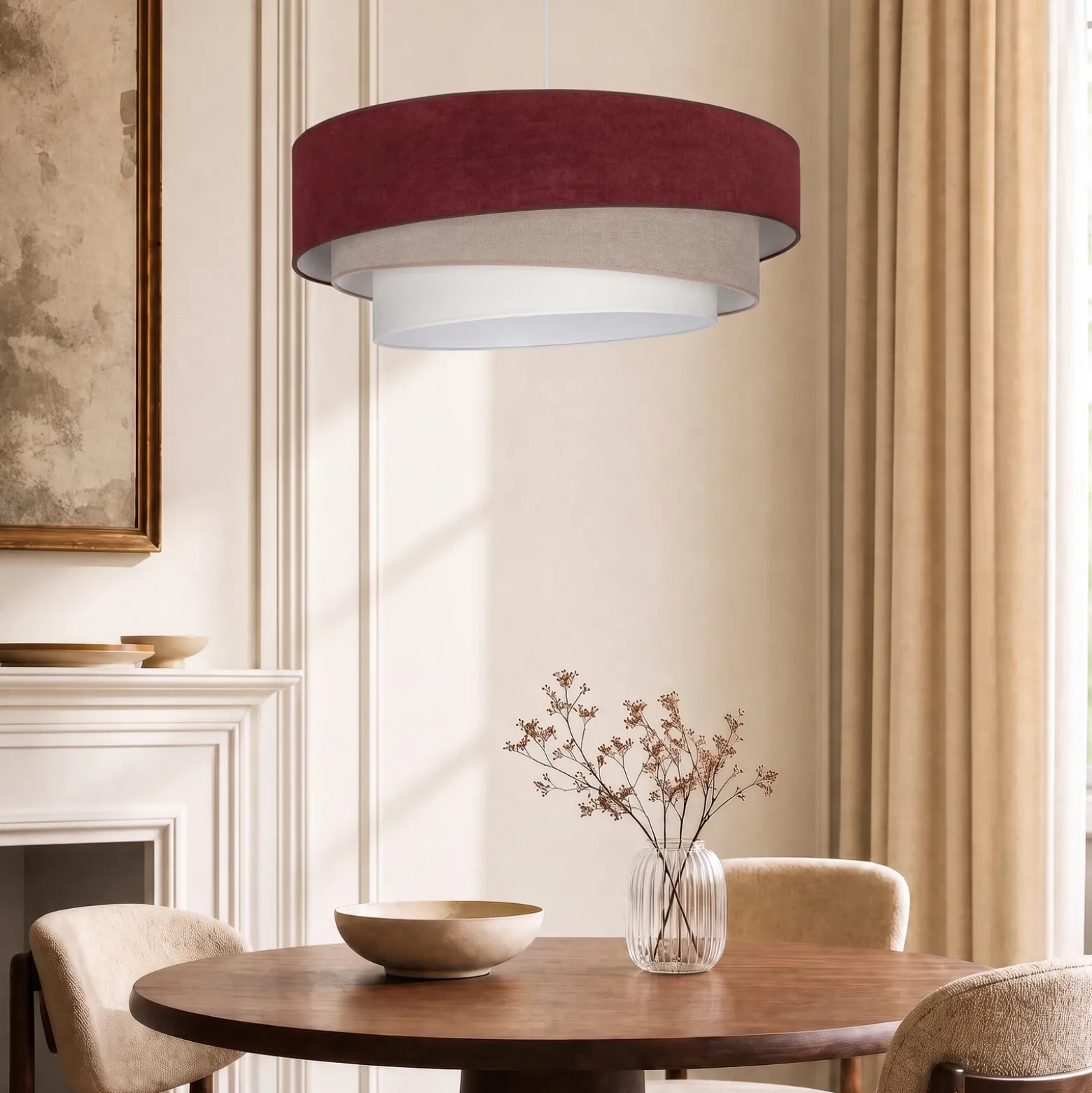 Lámpara colgante Trio, rojo oscuro/beige, Ø 60 cm, tejido, E27