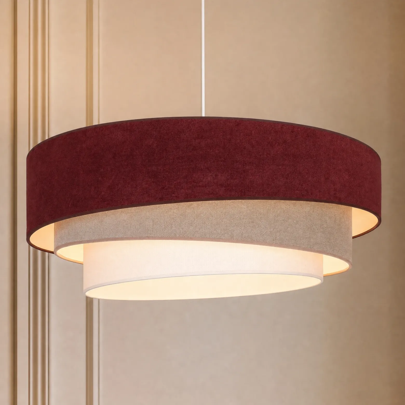 Lámpara colgante Trio, rojo oscuro/beige, Ø 60 cm, tejido, E27