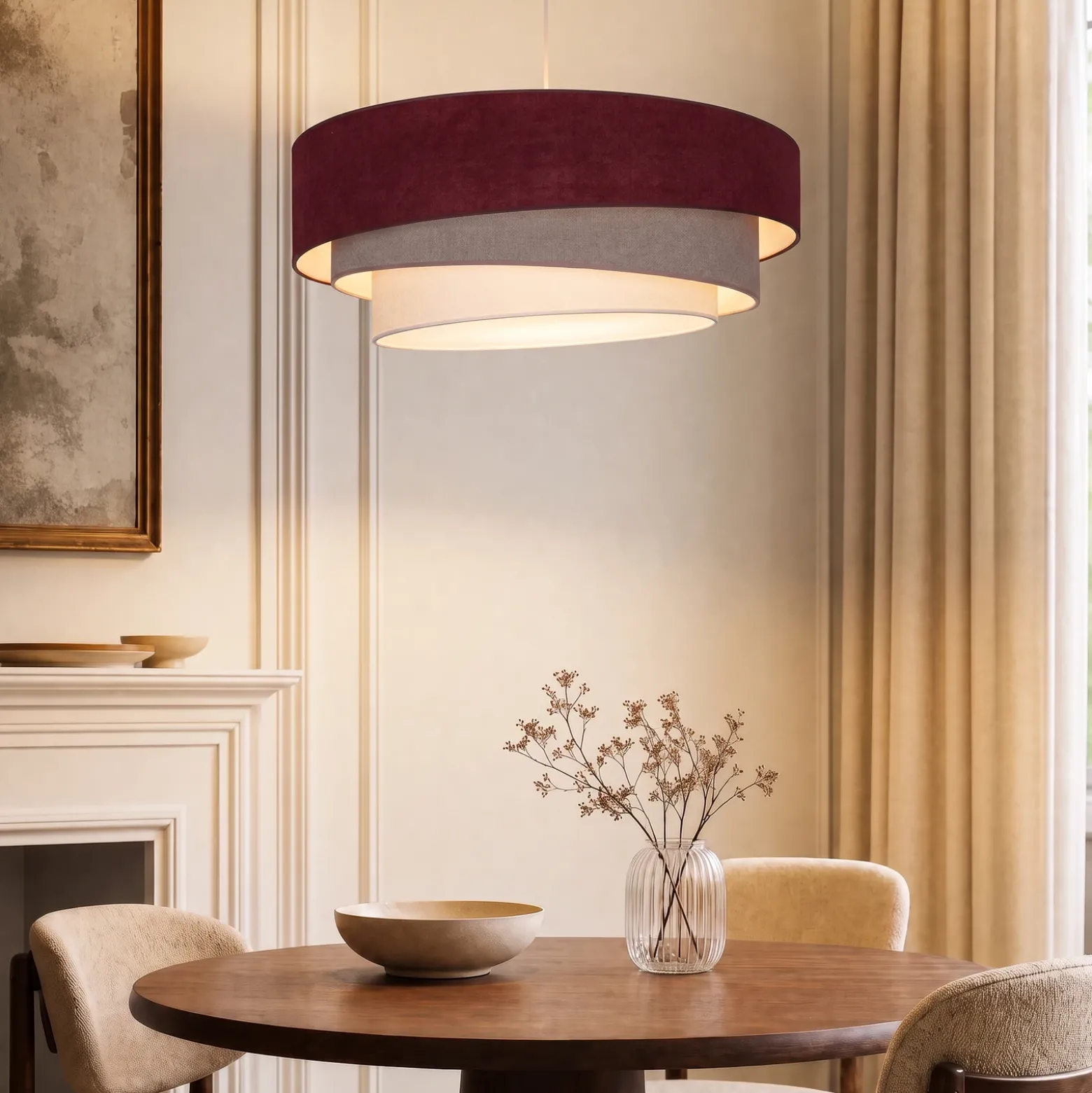 Lámpara colgante Trio, rojo oscuro/beige, Ø 60 cm, tejido, E27