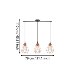 Lámpara colgante vintage Tarbes 3 brazos, cobre