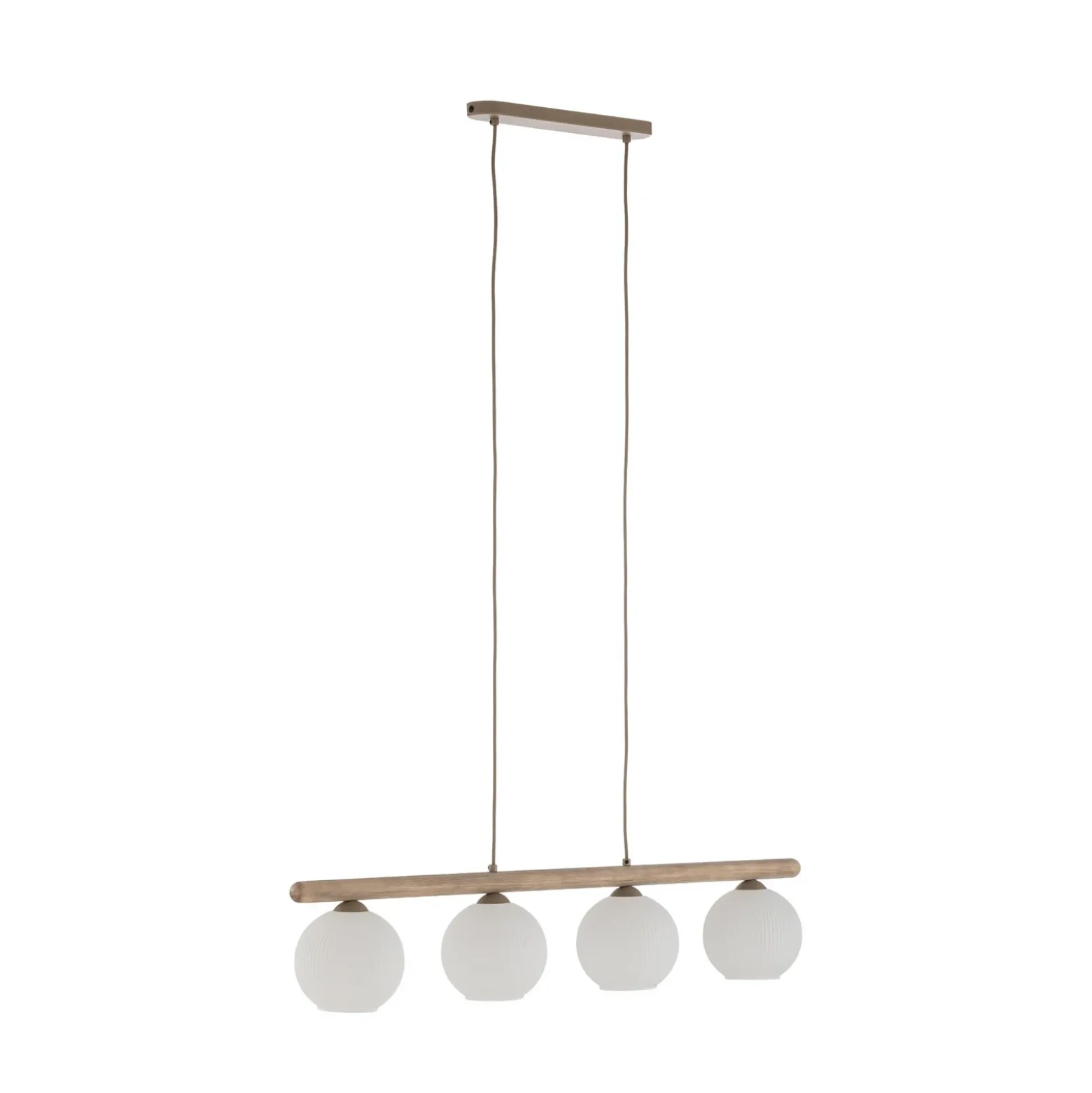 Lámpara colgante Virlo, 4 luces, madera, cristal opalino, longitud 95 cm