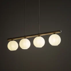 Lámpara colgante Virlo, 4 luces, madera, cristal opalino, longitud 95 cm