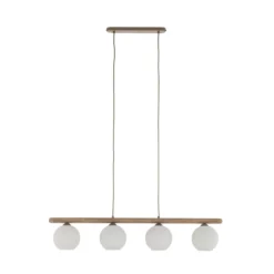 Lámpara colgante Virlo, 4 luces, madera, cristal opalino, longitud 95 cm
