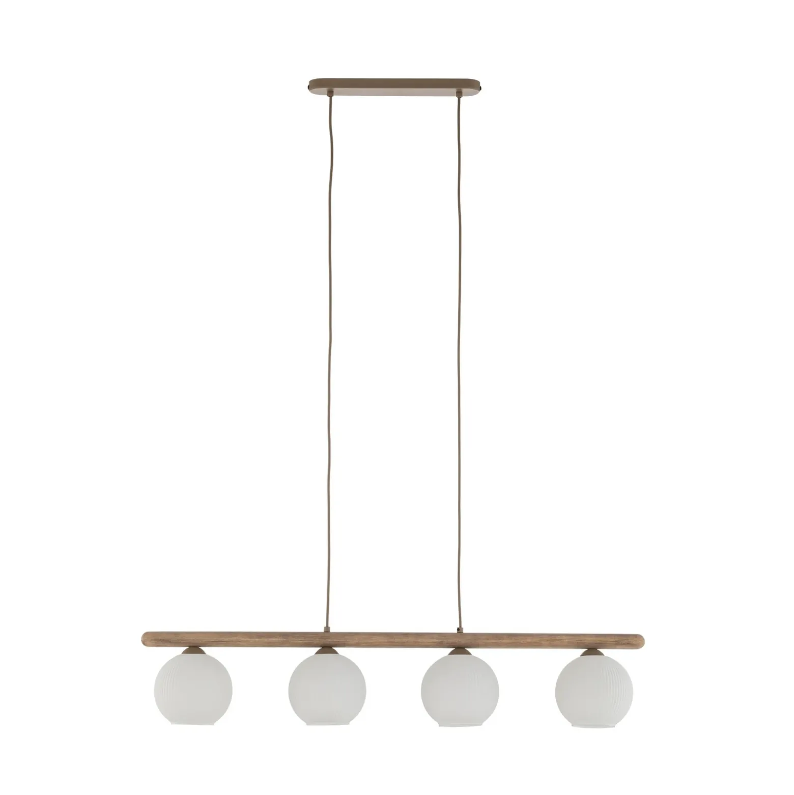 Lámpara colgante Virlo, 4 luces, madera, cristal opalino, longitud 95 cm