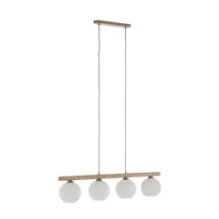 Lámpara colgante Virlo, 4 luces, madera, cristal opalino, longitud 95 cm