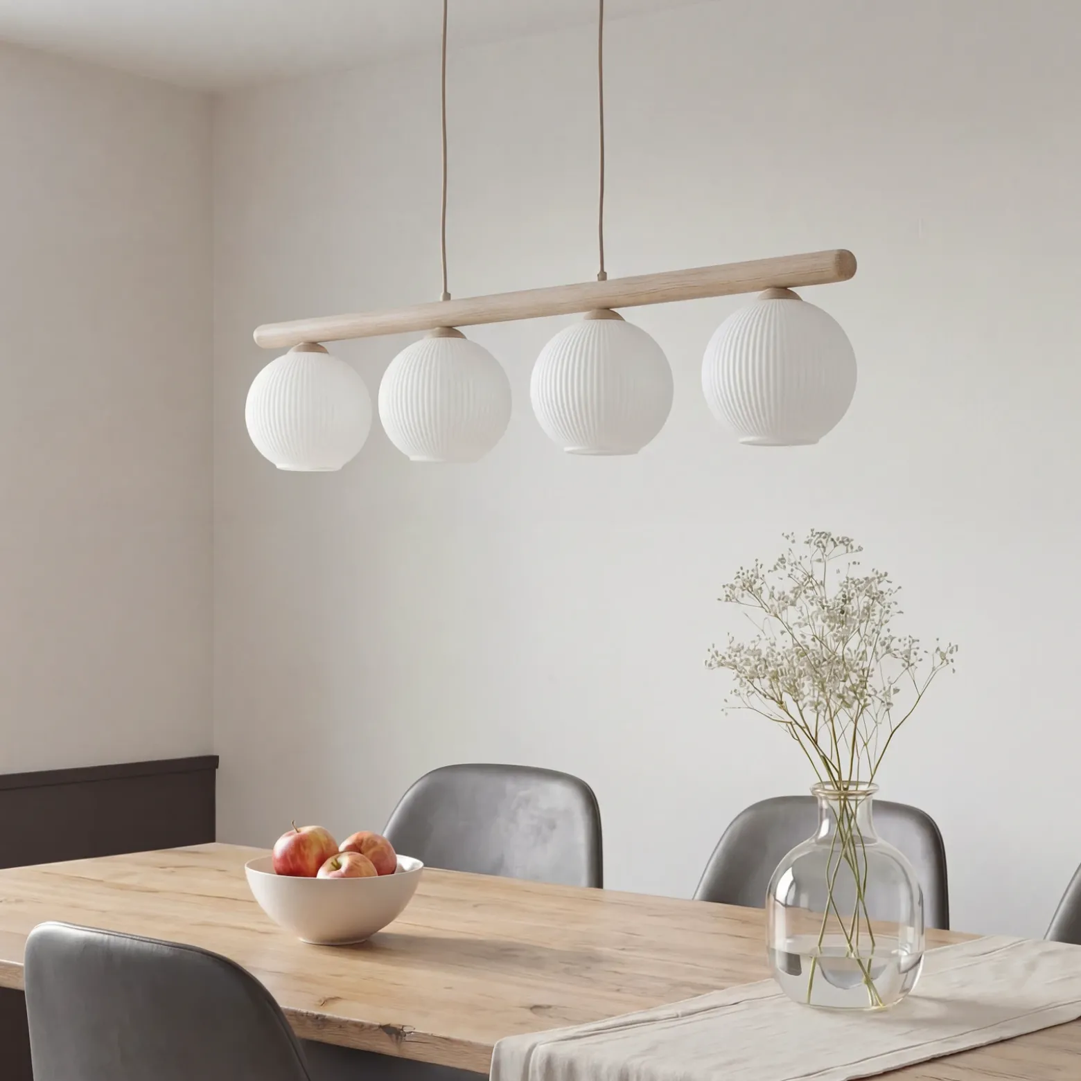 Lámpara colgante Virlo, 4 luces, madera, cristal opalino, longitud 95 cm