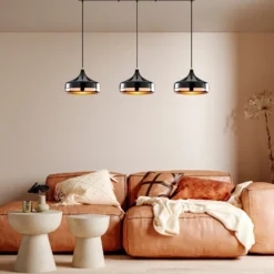 Lámpara colgante Yildo, longitud 146 cm, negro/cobre, 3 luces