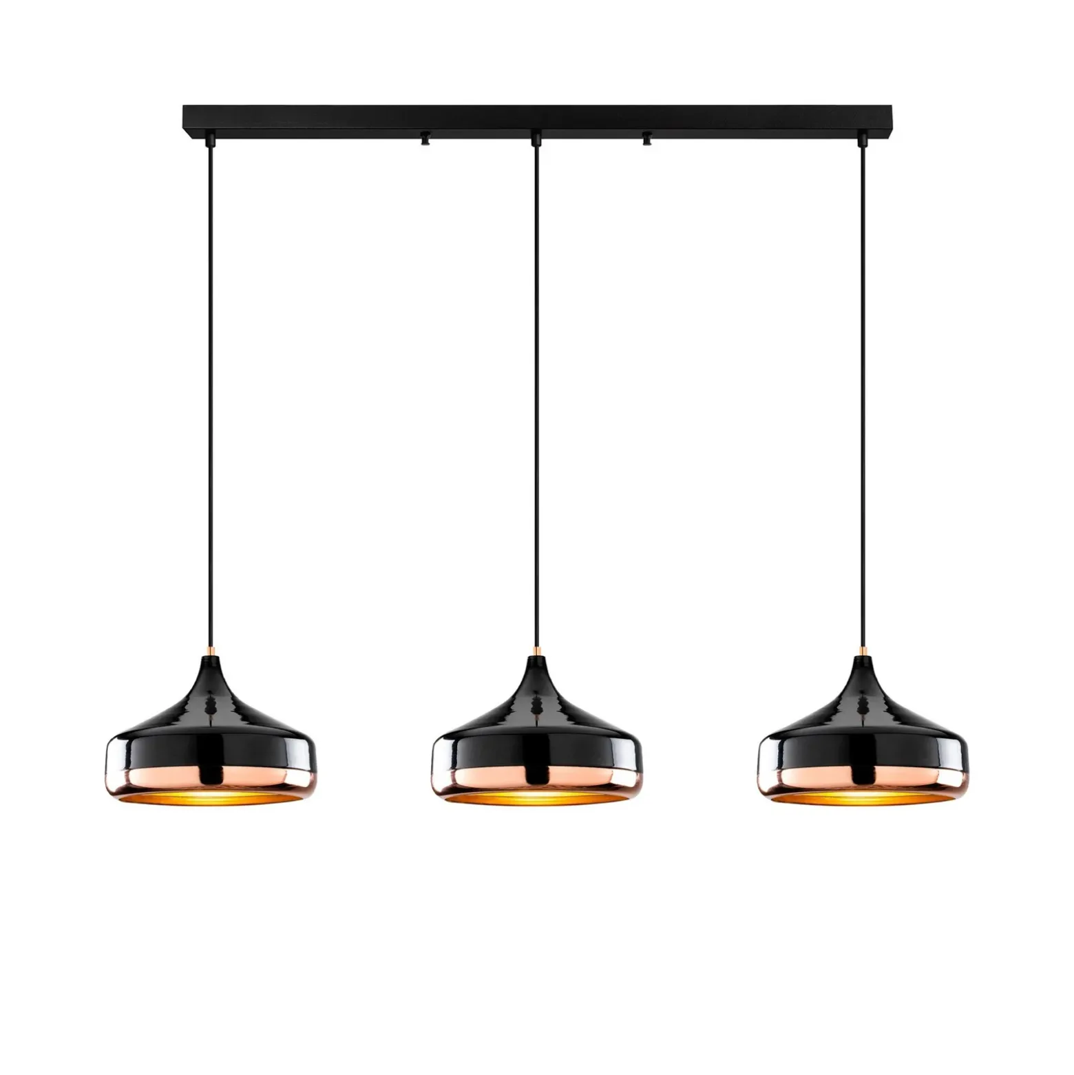 Lámpara colgante Yildo, longitud 146 cm, negro/cobre, 3 luces