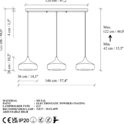 Lámpara colgante Yildo, longitud 146 cm, negro/cobre, 3 luces