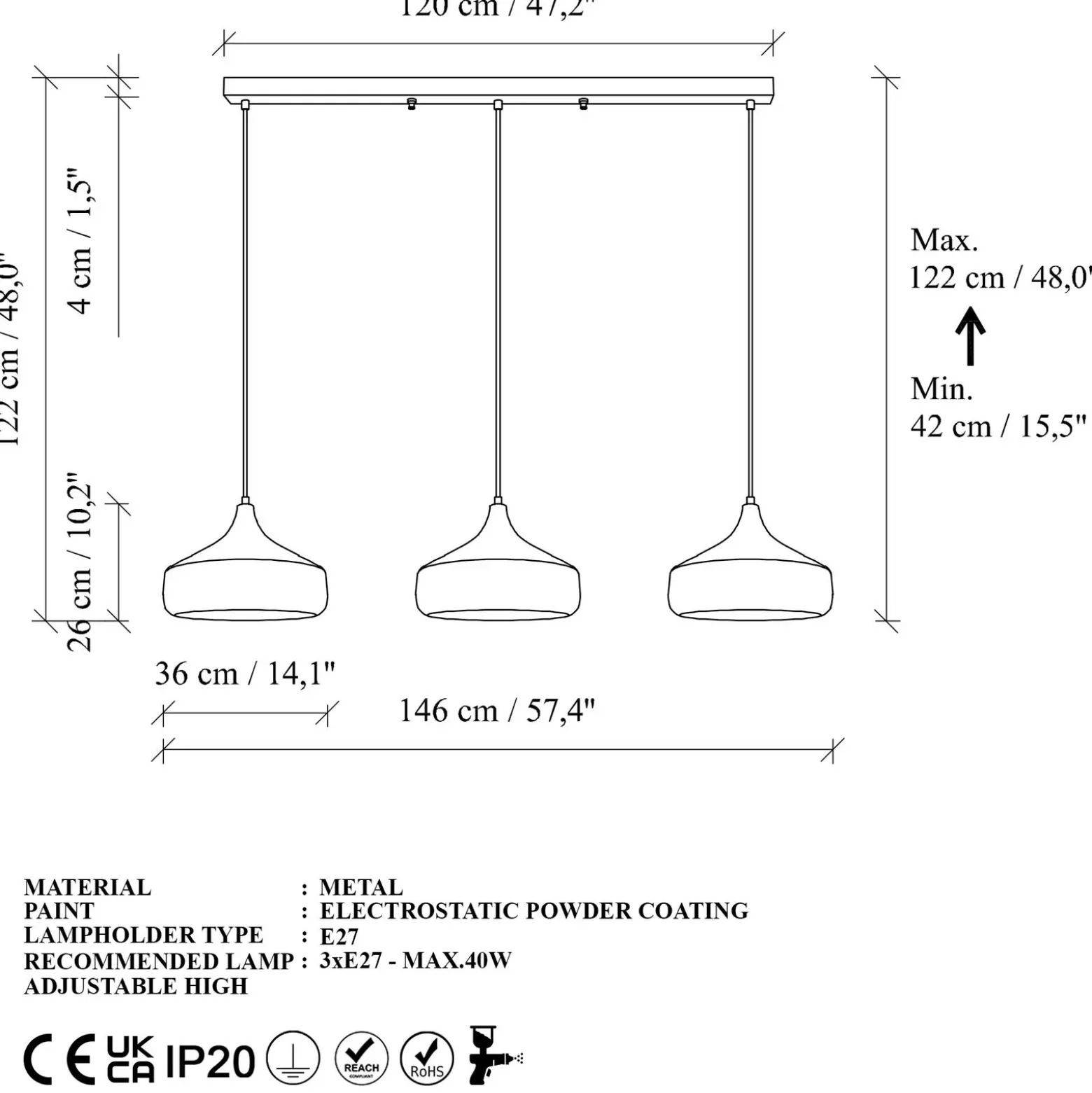 Lámpara colgante Yildo, longitud 146 cm, negro/cobre, 3 luces