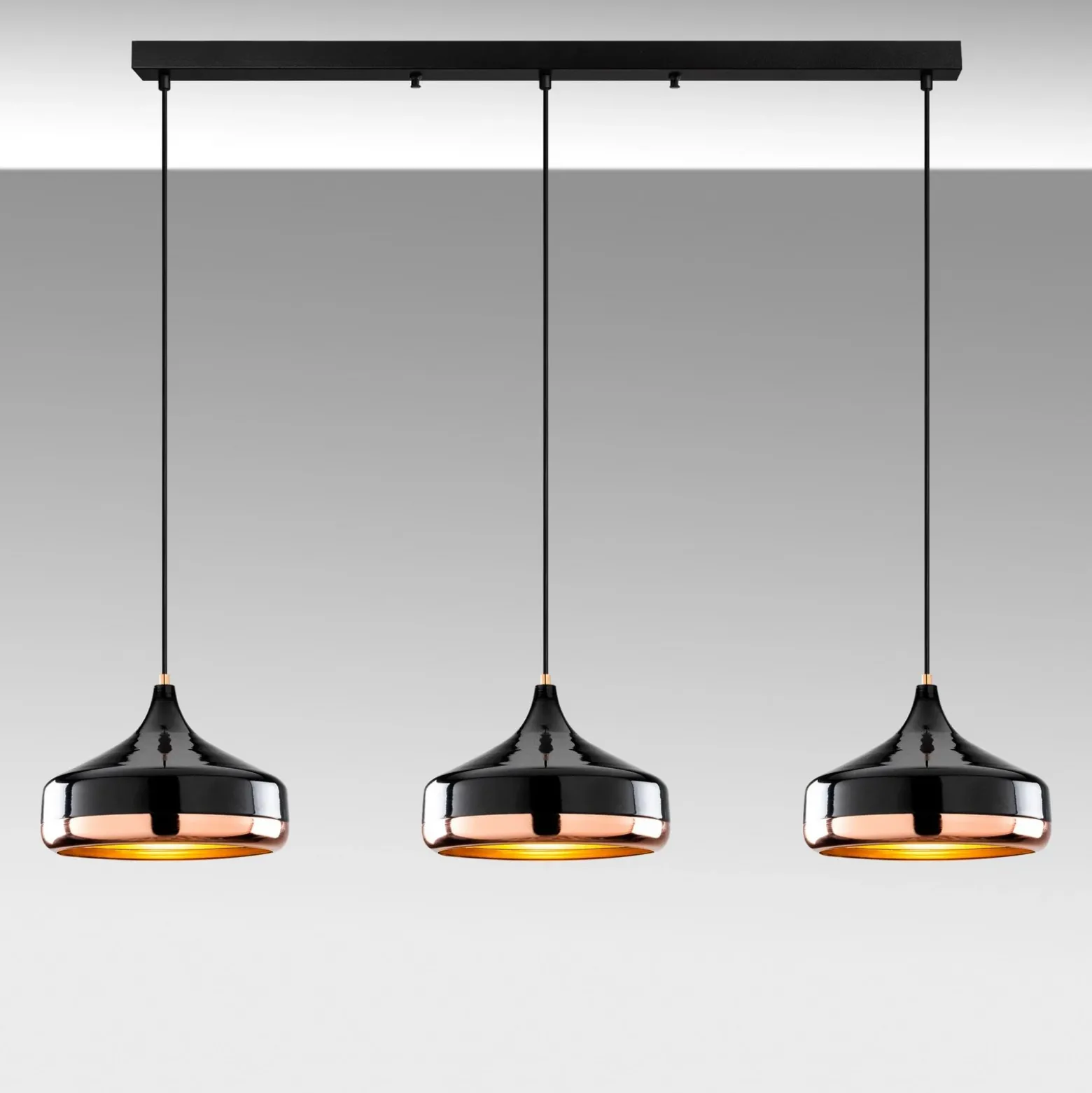 Lámpara colgante Yildo, longitud 146 cm, negro/cobre, 3 luces