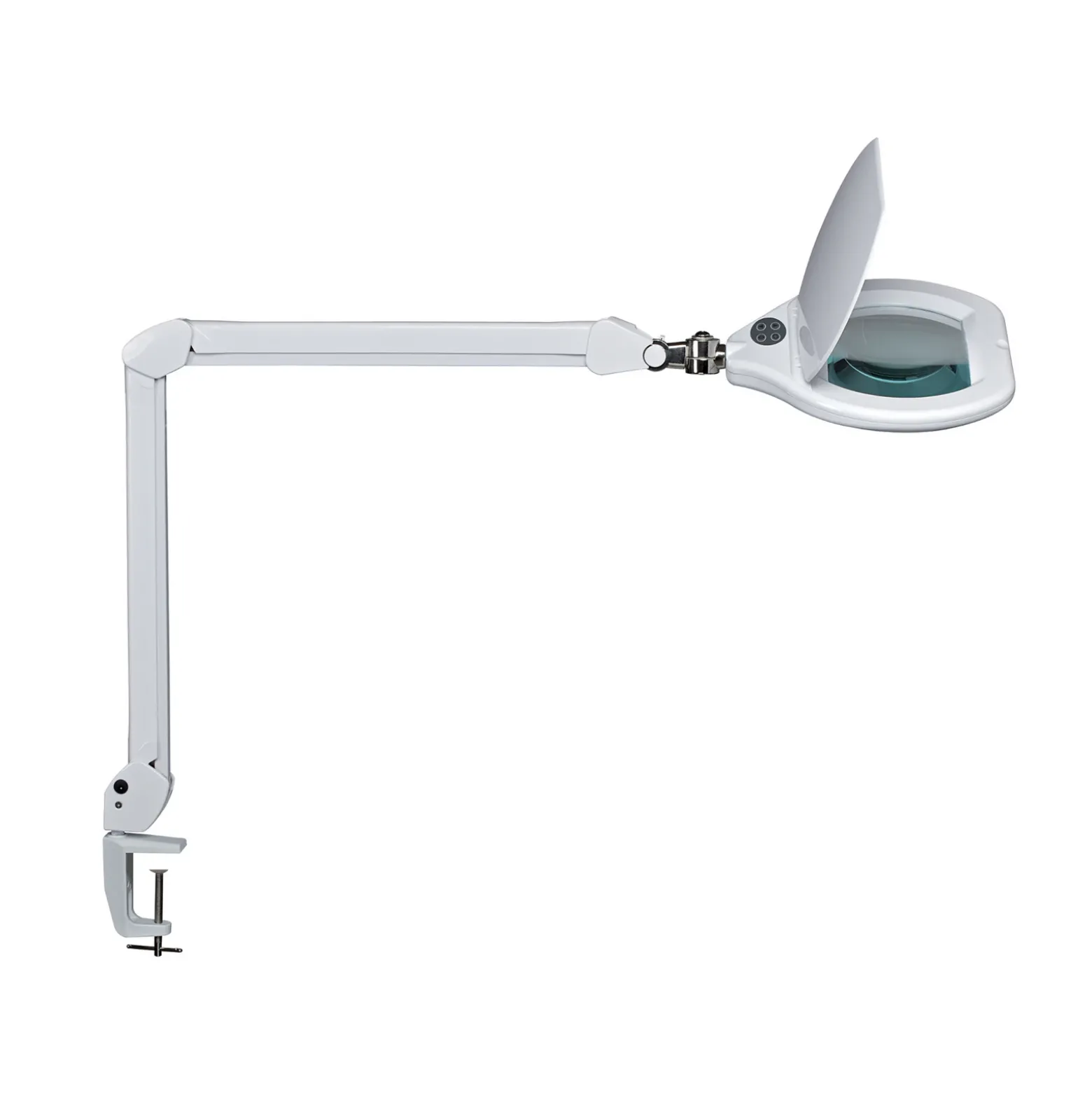 Lámpara con lupa LED MAULcrystal, blanca, con pinza, atenuable