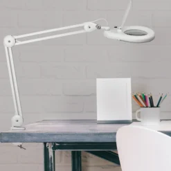 Lámpara con lupa LED MAULviso, blanca, altura 50 cm, pinza