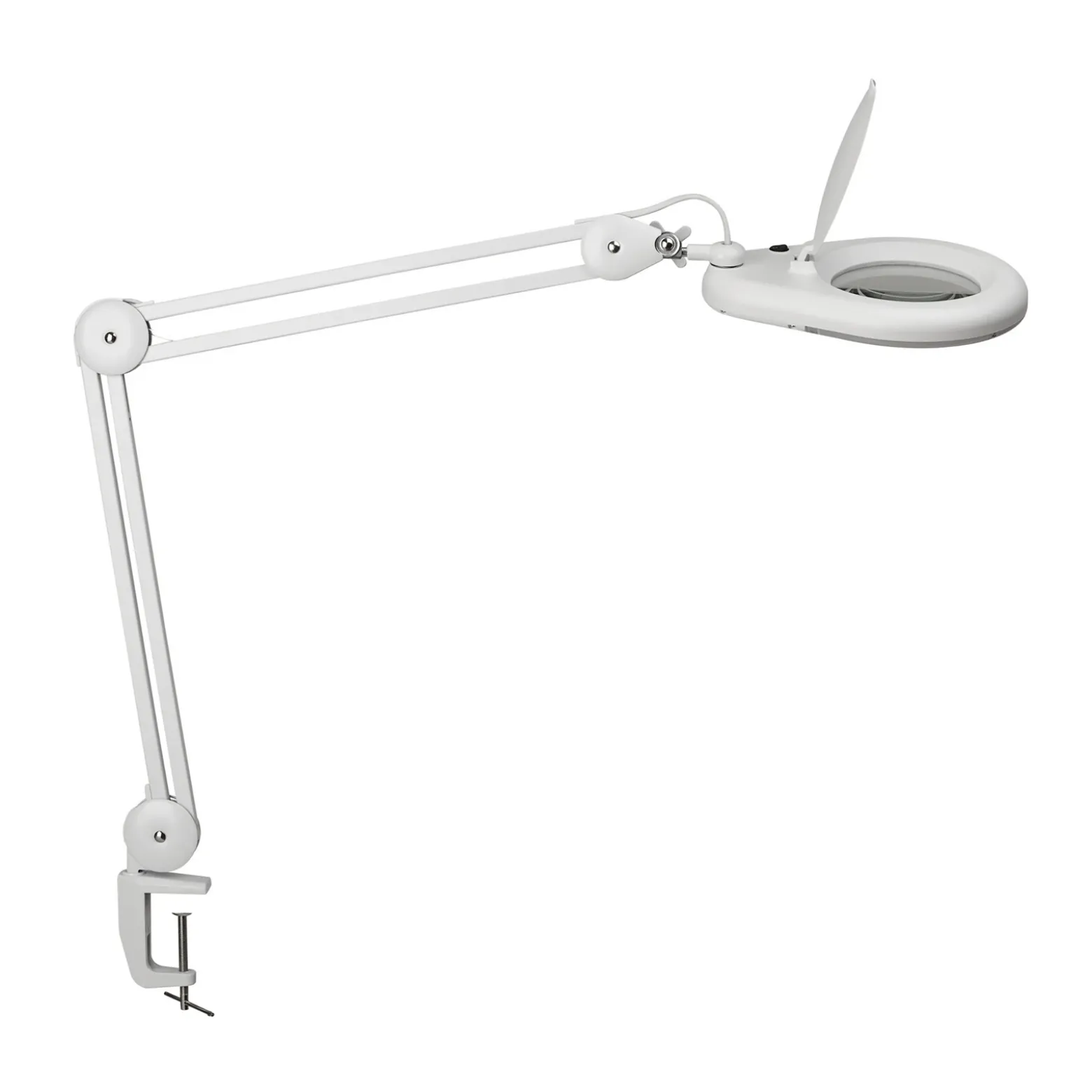 Lámpara con lupa LED MAULviso, blanca, altura 50 cm, pinza