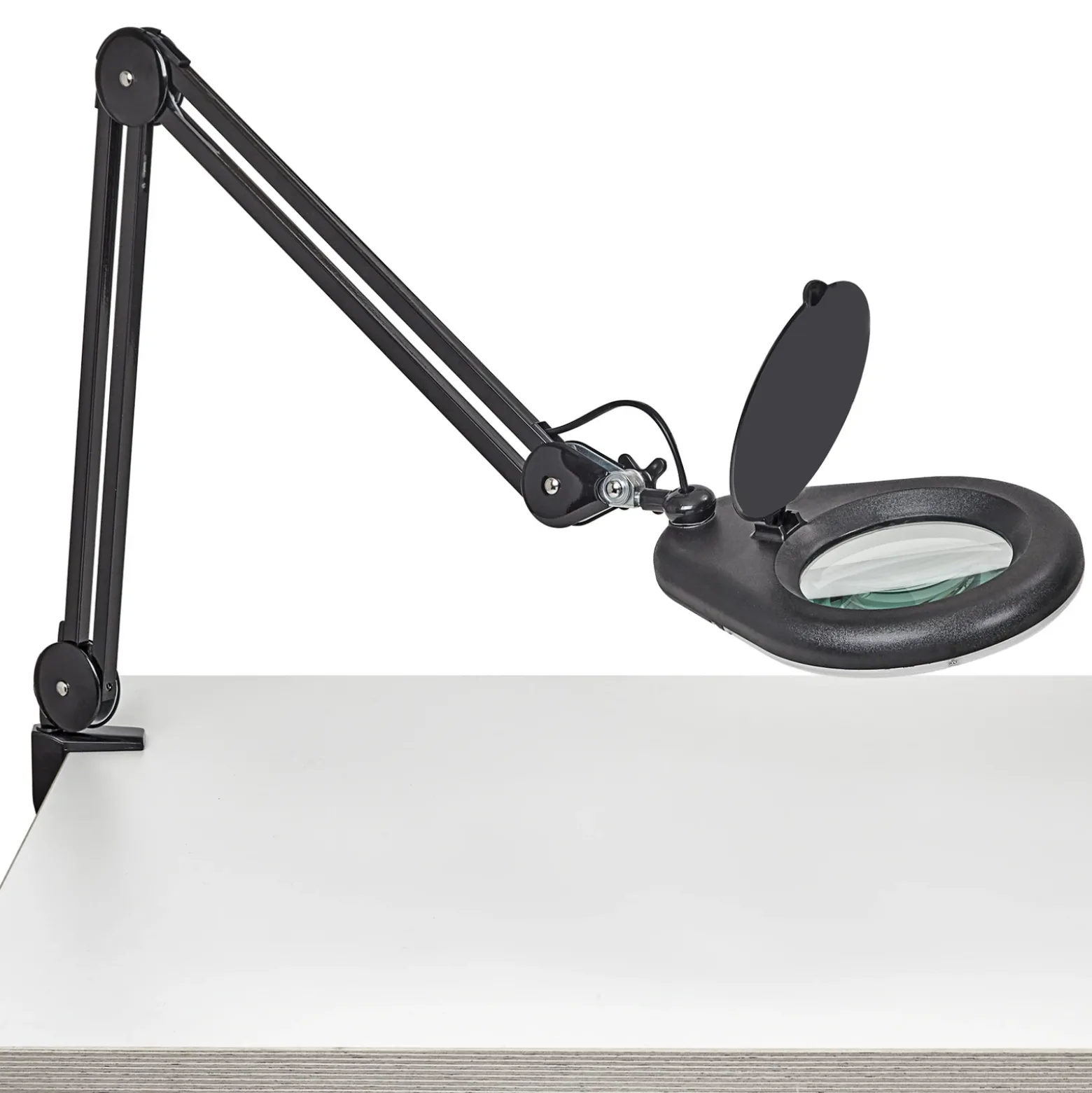 Lámpara con lupa LED MAULviso, negra, altura 50 cm, pinza