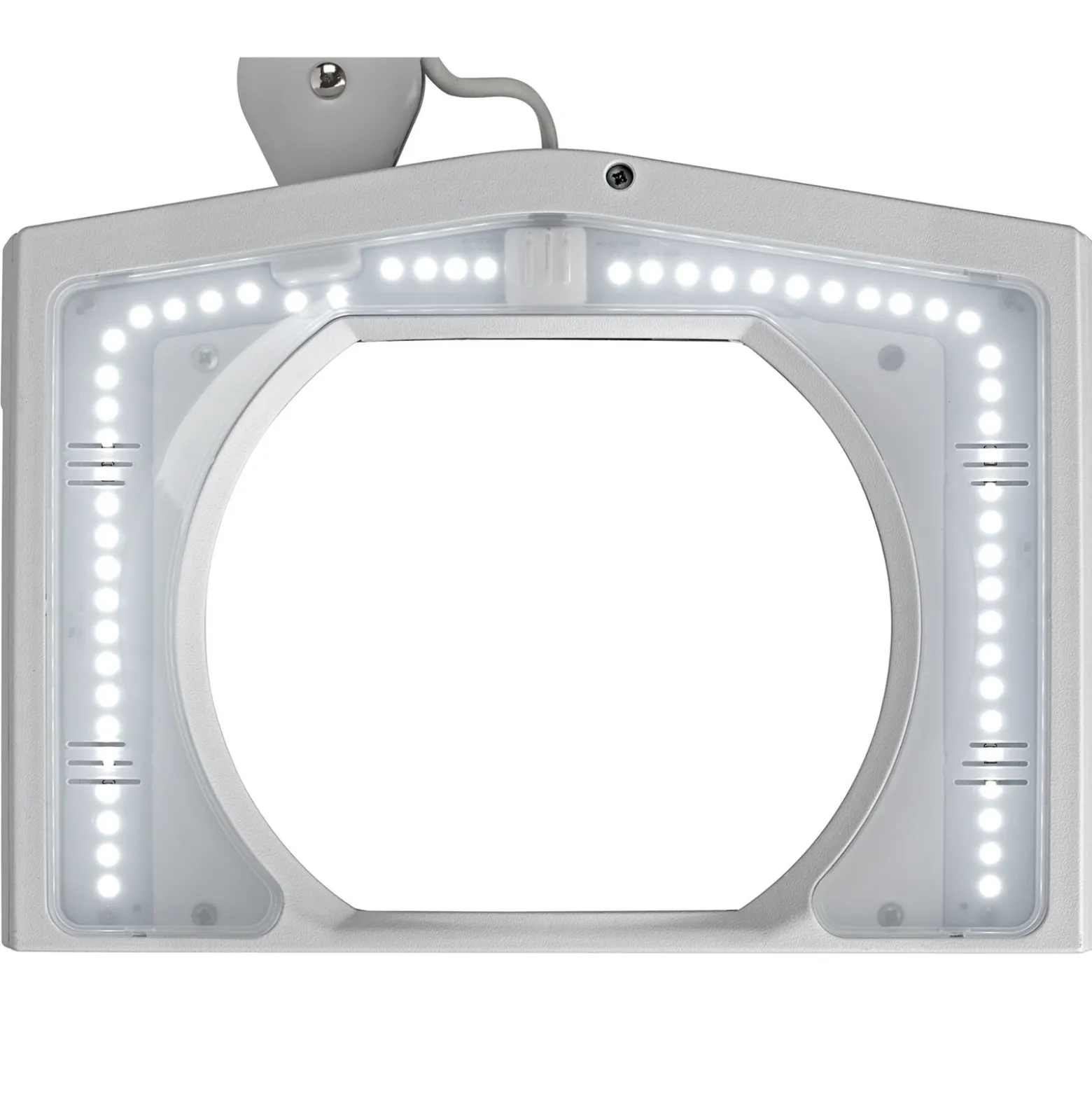 Lámpara con lupa LED MAULvitrum, blanca, pinza, metal