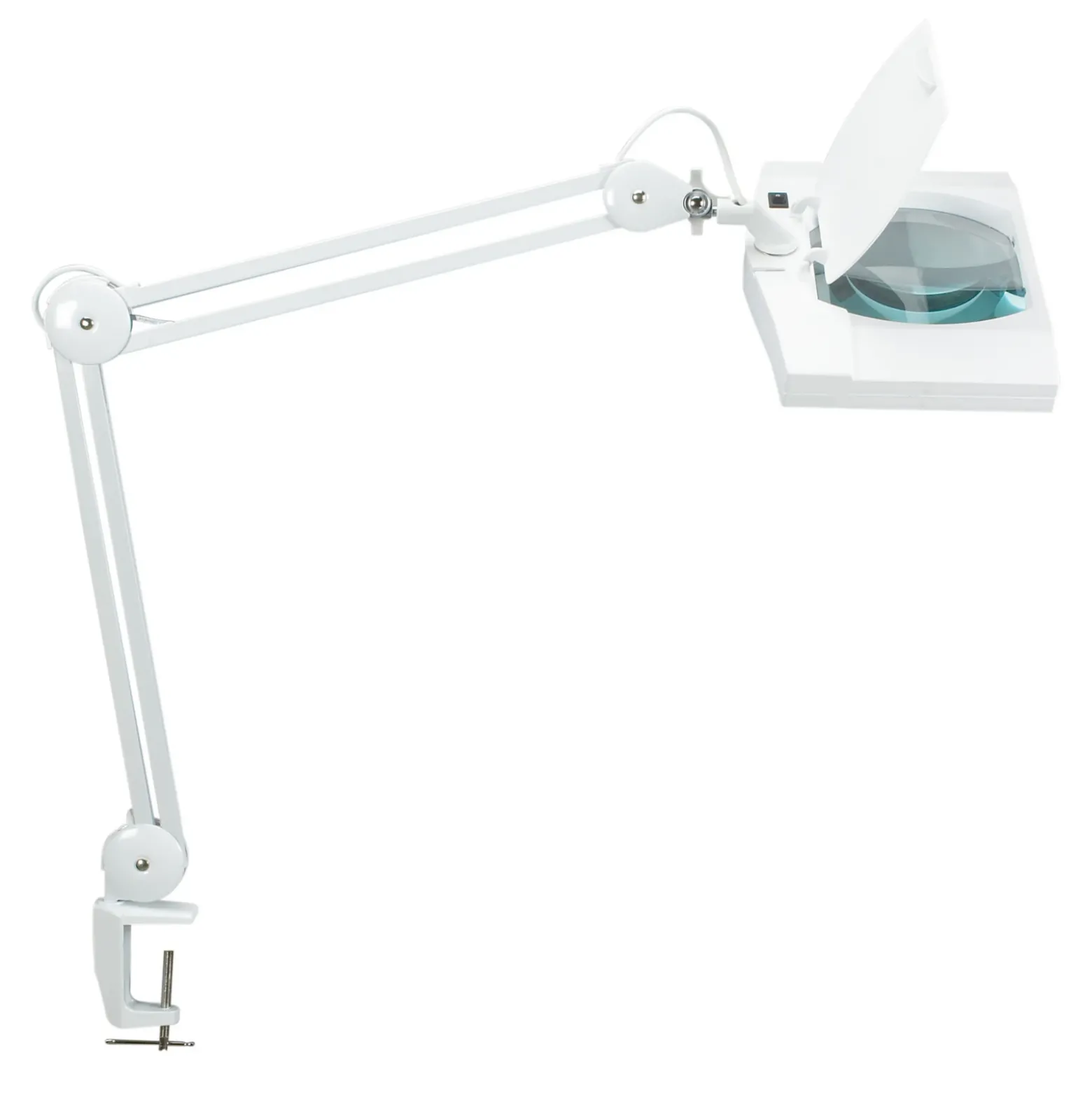 Lámpara con lupa LED MAULvitrum, blanca, pinza, metal