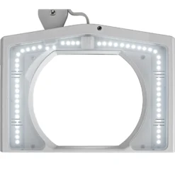 Lámpara con lupa LED MAULvitrum, blanca, pinza, metal