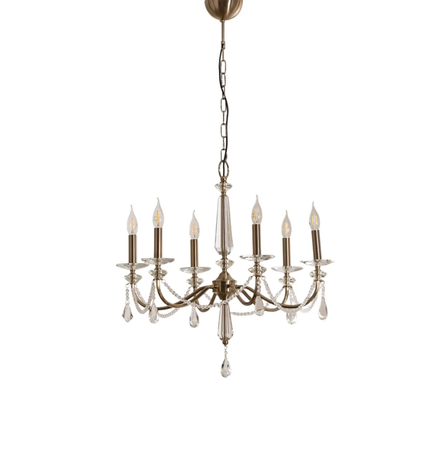 Lámpara de araña Adone, 6 luces, latón, Ø 70 cm, cristal
