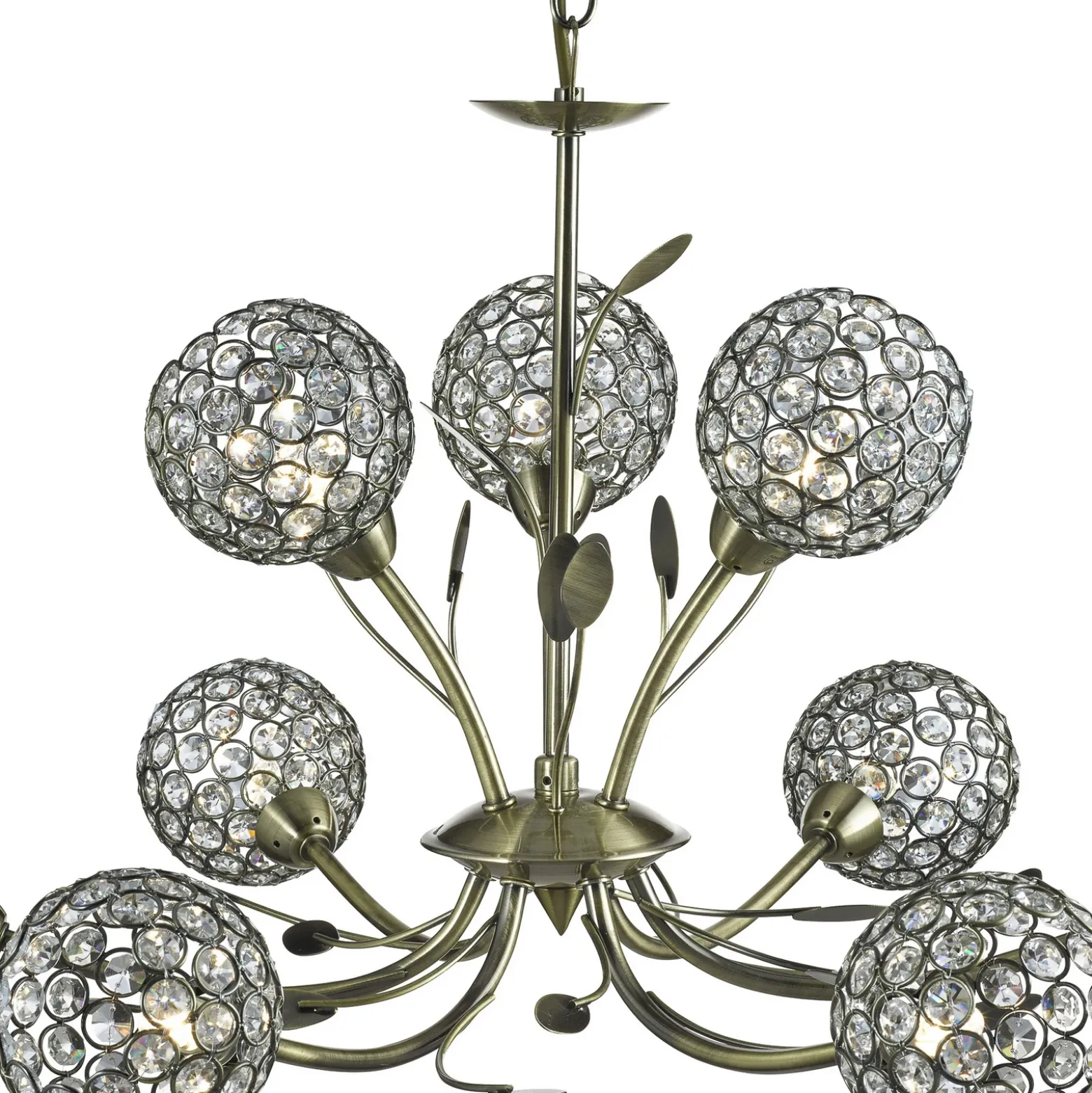Lámpara de araña Bellis II, latón envejecido, cristal, 9 luces, G9