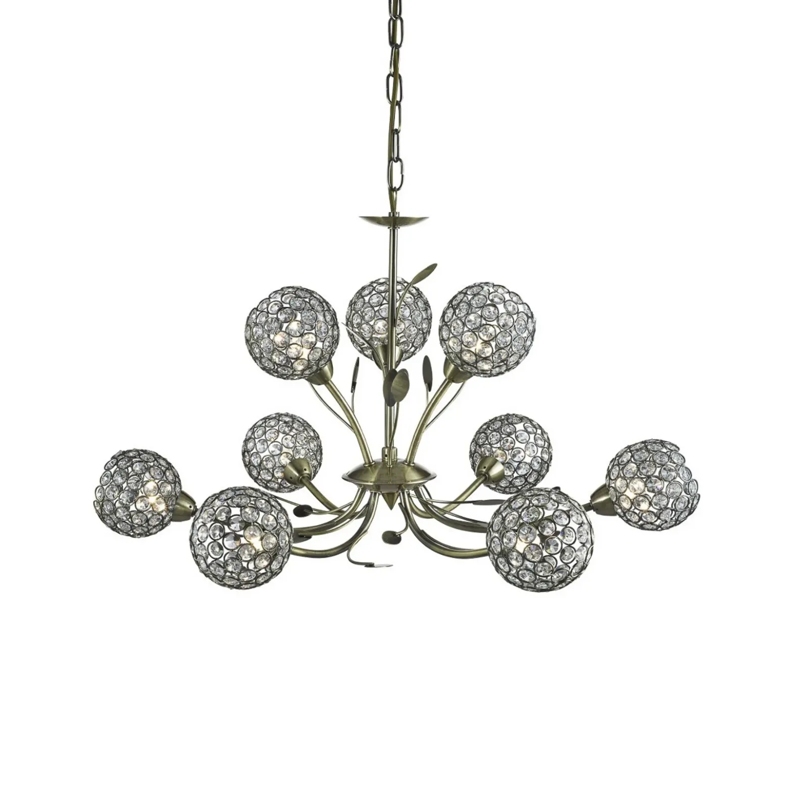 Lámpara de araña Bellis II, latón envejecido, cristal, 9 luces, G9
