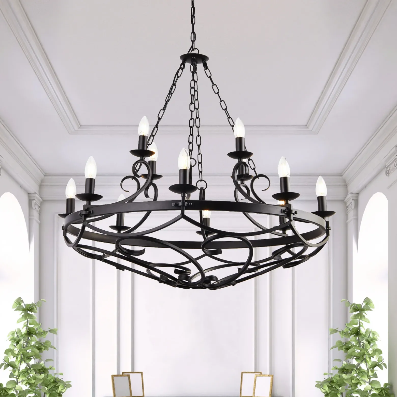 Lámpara de araña Cartwheel III, 12 luces, Ø 89cm, negra, metal