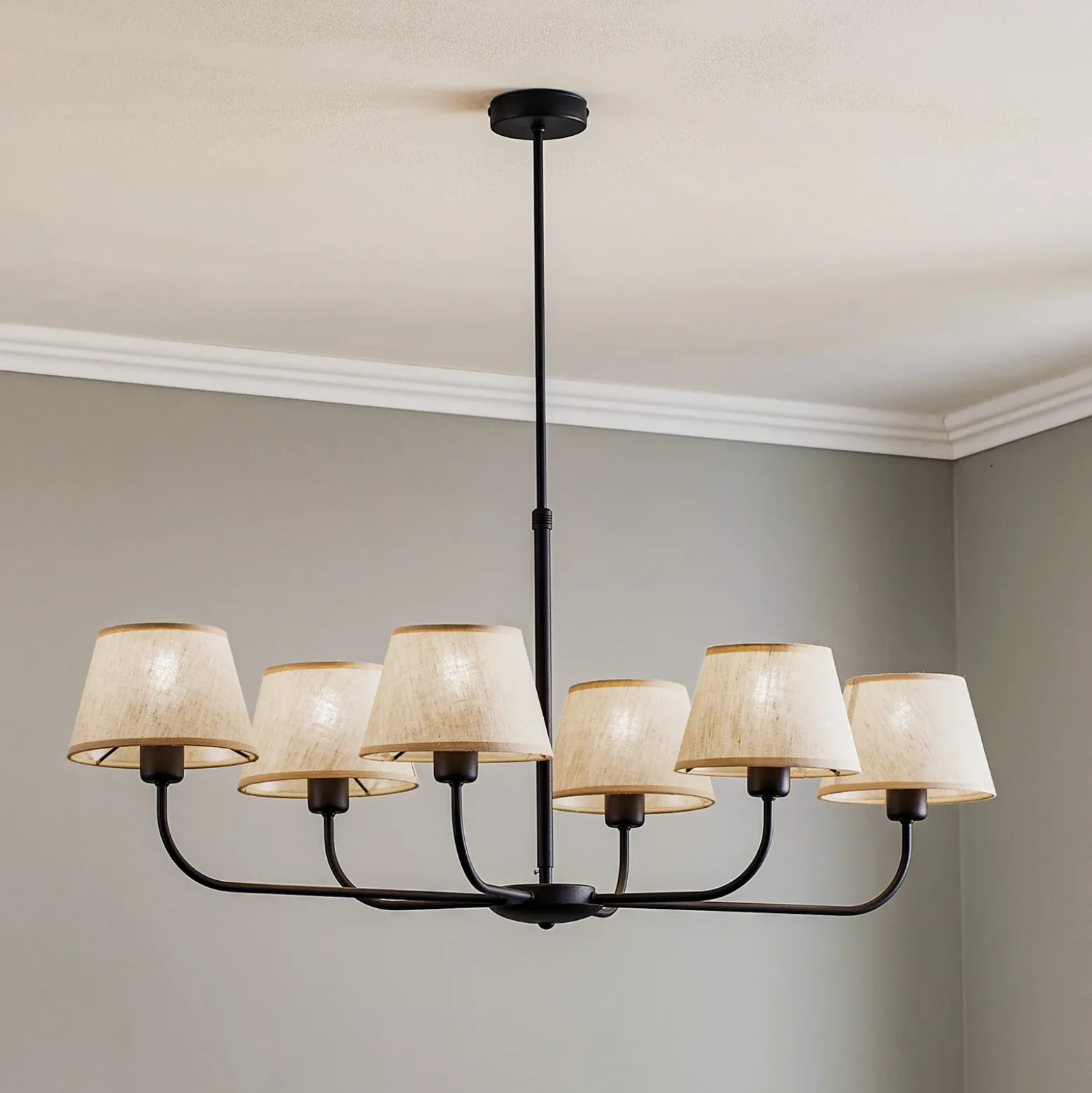 Lámpara de araña Chicago, pantallas de lino 6 luces