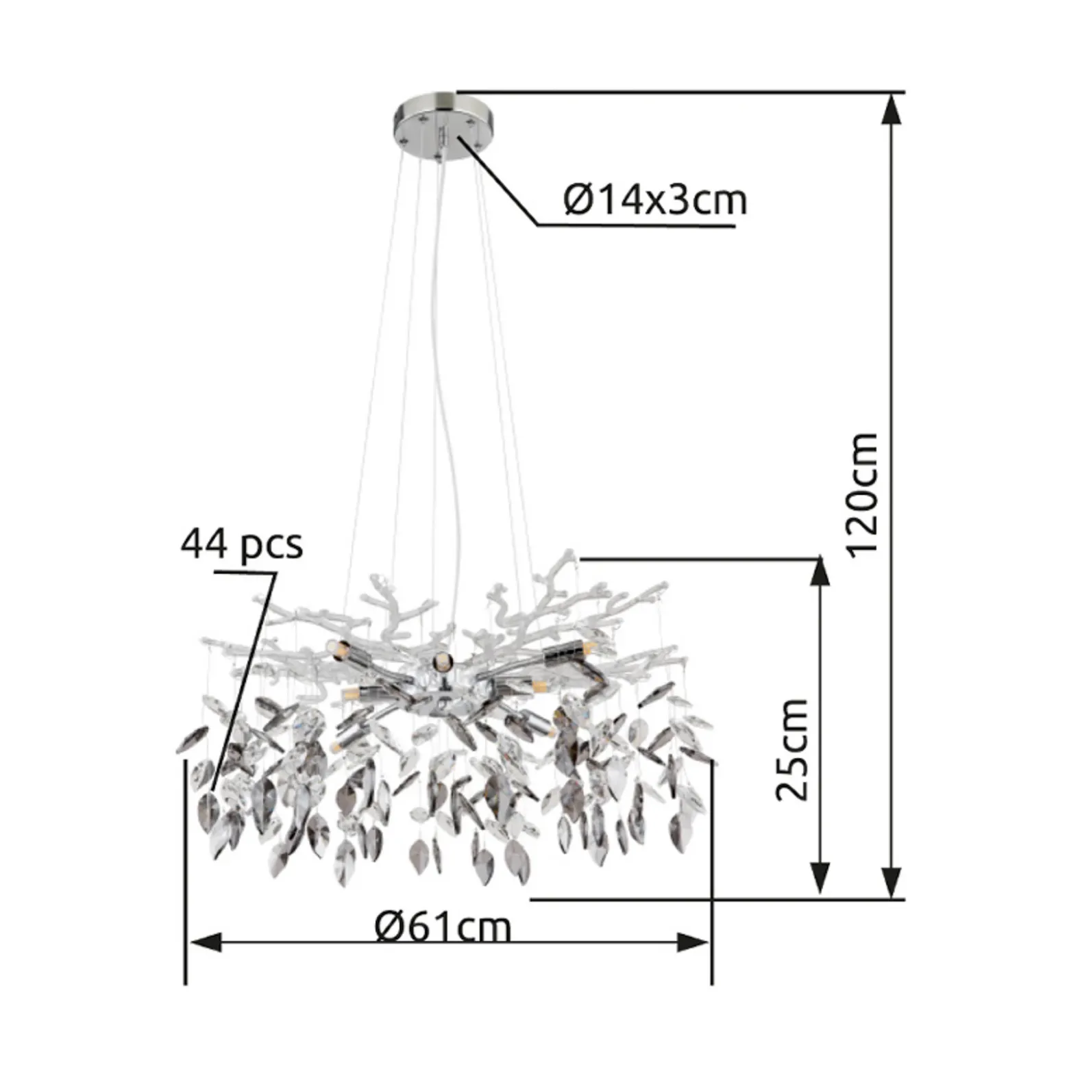 Lámpara de araña Danna, color cromo/gris humo/transparente, Ø 61 cm