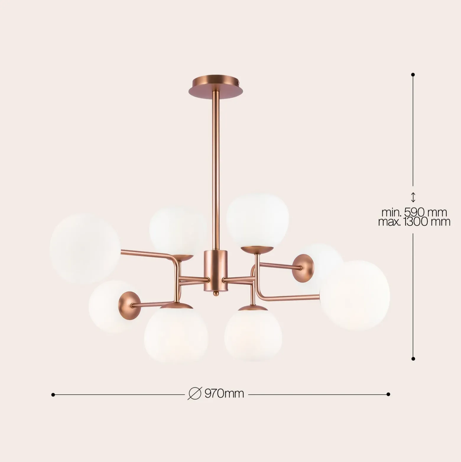 Lámpara de araña Erich de Maytoni, latón rosado, vidrio/metal, 8 luces.